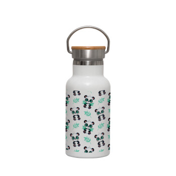 Panda, Metallic thermos (Stainless steel) White with wooden lid (bamboo), double-walled, 350ml