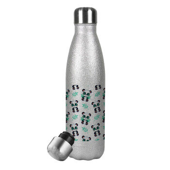 Panda, Metallic Glitter Silver Thermos Flask (Stainless steel), double-walled, 500ml