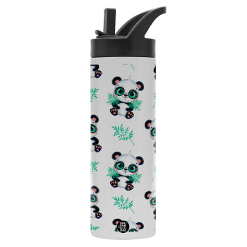 Panda, Metallic thermos bottle with straw & handle, stainless steel (Stainless steel 304), double-walled, 600ml.