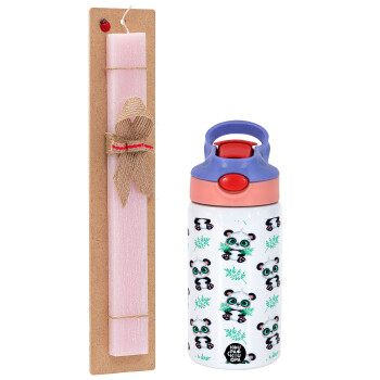 Panda, Easter Set, Children's thermal stainless steel water bottle with safety straw, pink/purple (350ml) & Easter scented flat candle (30cm) (PINK)