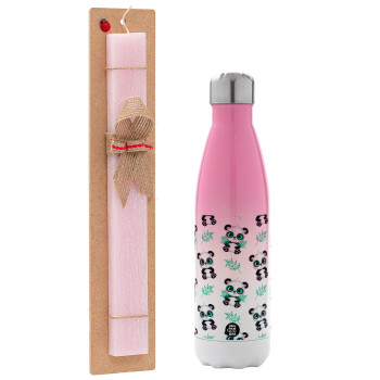 Panda, Easter Set, Metallic pink/white (Stainless steel) thermos, double-walled, 500ml & aromatic flat Easter candle (30cm) (PINK)