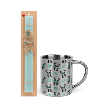 Panda, Easter Set, metallic thermal cup (300ml) & aromatic flat Easter candle (30cm) (TURQUOISE)