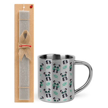 Panda, Easter Set, metallic thermal cup (300ml) & Easter aromatic flat candle (30cm) (GRAY)