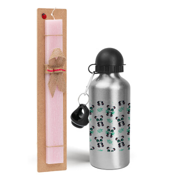 Panda, Easter Set, metallic Silver aluminum water bottle (500ml) & scented flat Easter candle (30cm) (PINK)