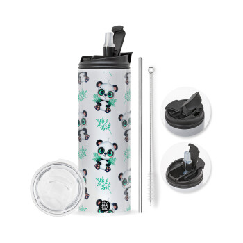 Panda, Travel Tumbler θερμό με διπλό καπάκι, μεταλλικό καλαμάκι και βούρτσα καθαρισμού (Ανωξείδωτο 304 Food grade, BPA free, 600ml)