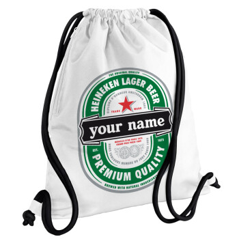 Heineken με όνομα, Τσάντα πλάτης πουγκί GYMBAG λευκή, με τσέπη (40x48cm) & χονδρά κορδόνια