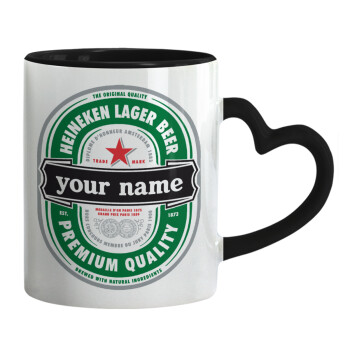 Heineken with name, Mug heart black handle, ceramic, 330ml