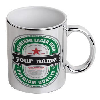 Heineken with name, Mug ceramic, silver mirror, 330ml