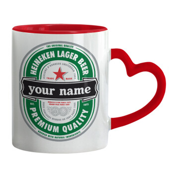 Heineken with name, Mug heart red handle, ceramic, 330ml