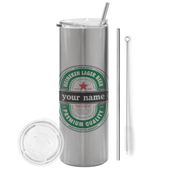 Heineken with name, Tumbler stainless steel Silver 600ml, with metal straw & cleaning brush