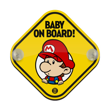 Baby mario on board yellow, Σήμανση αυτοκινήτου Baby On Board ξύλινο με βεντουζάκια (16x16cm)