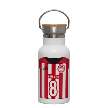 Ολυμπιακός εμφάνιση, Metallic thermos (Stainless steel) White with wooden lid (bamboo), double-walled, 350ml