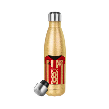 Ολυμπιακός εμφάνιση, Glitter gold stainless steel thermos bottle, double-walled, 500ml