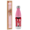 Easter Set, Metallic pink/white (Stainless steel) thermos, double-walled, 500ml & aromatic flat Easter candle (30cm) (PINK)