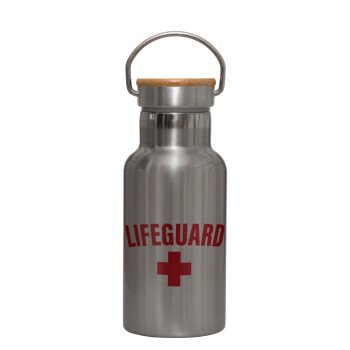 Lifeguard, Stainless steel metallic thermos flask, silver with a bamboo lid, double-walled, 350ml.