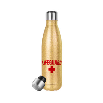 Lifeguard, Μεταλλικό παγούρι θερμός Glitter χρυσό (Stainless steel), διπλού τοιχώματος, 500ml