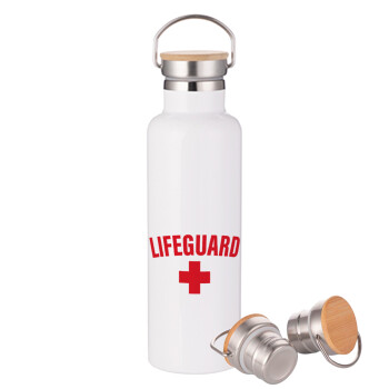 Lifeguard, Stainless steel White with wooden lid (bamboo), double wall, 750ml