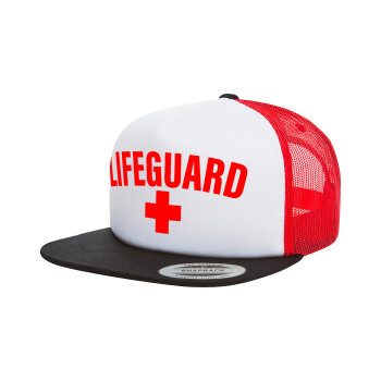 Lifeguard, Adult Foam Flat Snapback with Mesh Black-White-Red (POLYESTER, ADULT, UNISEX, ONE SIZE)