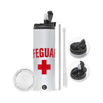 Lifeguard, Travel Tumbler θερμό με διπλό καπάκι, μεταλλικό καλαμάκι και βούρτσα καθαρισμού (Ανωξείδωτο 304 Food grade, BPA free, 600ml)