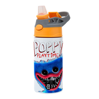 Poppy Playtime Huggy wuggy, Children's hot water bottle, stainless steel, with safety straw, Orange/Grey (360ml) BPA-FREE