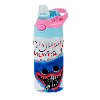 Poppy Playtime Huggy wuggy, Children's hot water bottle, stainless steel, with safety straw, Pink/BlueCiel (360ml) BPA FREE