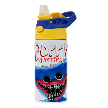 Poppy Playtime Huggy wuggy, Παιδικό παγούρι θερμό, ανοξείδωτο, με καλαμάκι ασφαλείας, πράσινο/μπλε (360ml) BPA FREE