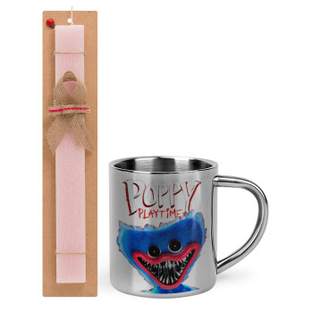 Poppy Playtime Huggy wuggy, Πασχαλινό Σετ, μεταλλική κούπα θερμό (300ml) & πασχαλινή λαμπάδα αρωματική πλακέ (30cm) (ΡΟΖ)