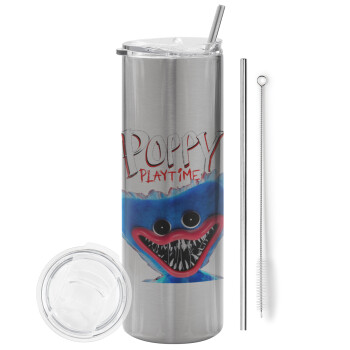 Poppy Playtime Huggy wuggy, Eco friendly ποτήρι θερμό Ασημένιο (tumbler) από ανοξείδωτο ατσάλι 600ml, με μεταλλικό καλαμάκι & βούρτσα καθαρισμού