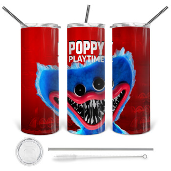 Poppy Playtime Huggy wuggy, Tumbler ποτήρι θερμό από ανοξείδωτο ατσάλι 600ml, με μεταλλικό καλαμάκι & βούρτσα καθαρισμού