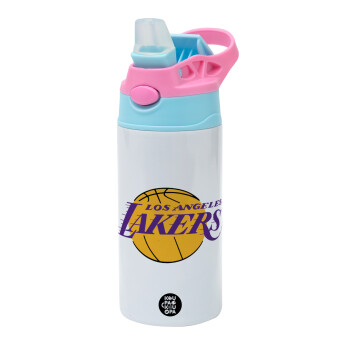 Lakers, Children's hot water bottle, stainless steel, with safety straw, Pink/BlueCiel (360ml) BPA FREE