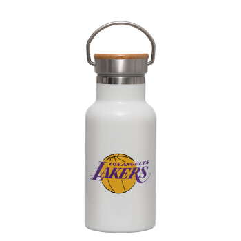 Lakers, Metallic thermos (Stainless steel) White with wooden lid (bamboo), double-walled, 350ml