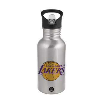 Lakers, Παγούρι νερού Ασημένιο με καλαμάκι, ανοξείδωτο ατσάλι 500ml