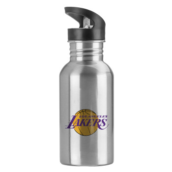 Lakers, Παγούρι νερού Ασημένιο με καλαμάκι, ανοξείδωτο ατσάλι 600ml