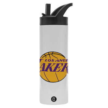 Lakers, Μεταλλικό παγούρι θερμός με καλαμάκι & χειρολαβή, ανοξείδωτο ατσάλι (Stainless steel 304), διπλού τοιχώματος, 600ml