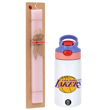 Lakers, Easter Set, Children's thermal stainless steel water bottle with safety straw, pink/purple (350ml) & Easter scented flat candle (30cm) (PINK)