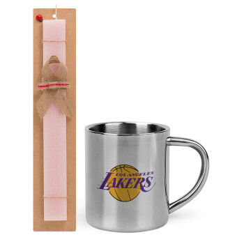 Lakers, Easter Set, metallic thermal cup (300ml) & aromatic flat Easter candle (30cm) (PINK)