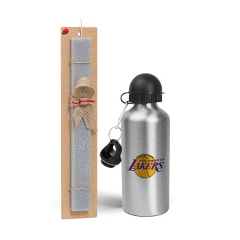 Lakers, Easter Set, metallic silver aluminum water bottle (500ml) & aromatic flat Easter candle (30cm) (GRAY)