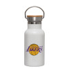 Metallic thermos (Stainless steel) White with wooden lid (bamboo), double-walled, 350ml