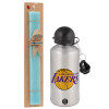 Easter Set, metallic silver aluminum water bottle (500ml) & scented flat Easter candle (30cm) (TURQUOISE)