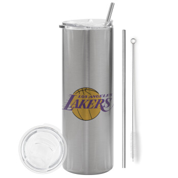 Lakers, Eco friendly stainless steel Silver tumbler 600ml, with metal straw & cleaning brush