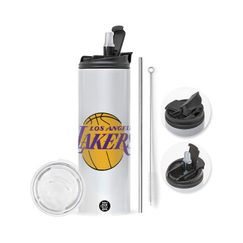 Lakers, Travel Tumbler θερμό με διπλό καπάκι, μεταλλικό καλαμάκι και βούρτσα καθαρισμού (Ανωξείδωτο 304 Food grade, BPA free, 600ml)