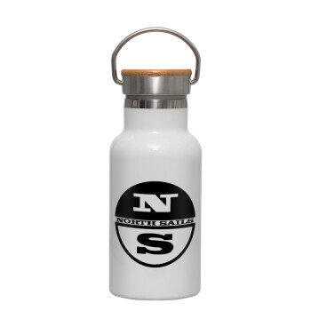 North Sails, Metallic thermos (Stainless steel) White with wooden lid (bamboo), double-walled, 350ml