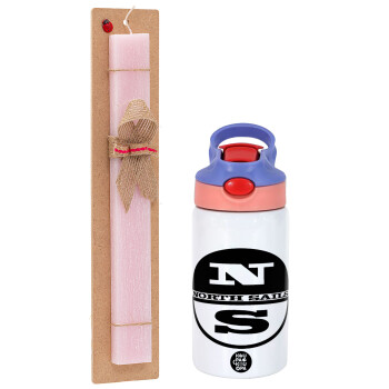 North Sails, Easter Set, Children's thermal stainless steel water bottle with safety straw, pink/purple (350ml) & Easter scented flat candle (30cm) (PINK)