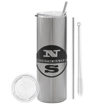 North Sails, Eco friendly stainless steel Silver tumbler 600ml, with metal straw & cleaning brush