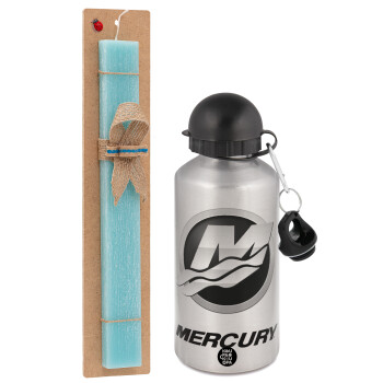 Mercury, Easter Set, metallic silver aluminum water bottle (500ml) & scented flat Easter candle (30cm) (TURQUOISE)