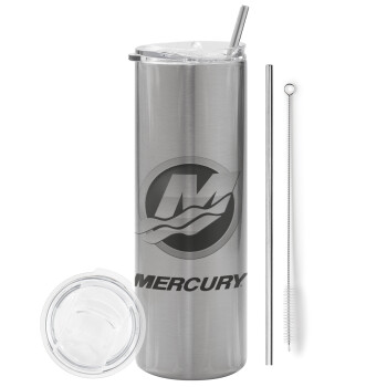 Mercury, Eco friendly ποτήρι θερμό Ασημένιο (tumbler) από ανοξείδωτο ατσάλι 600ml, με μεταλλικό καλαμάκι & βούρτσα καθαρισμού