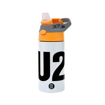 U2 , Children's hot water bottle, stainless steel, with safety straw, Orange/Grey (360ml) BPA-FREE