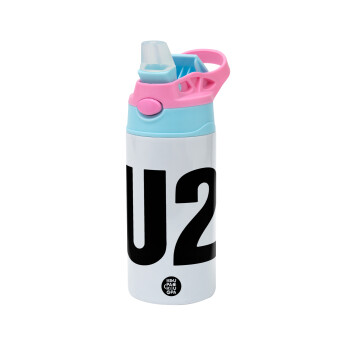 U2 , Children's hot water bottle, stainless steel, with safety straw, Pink/BlueCiel (360ml) BPA FREE