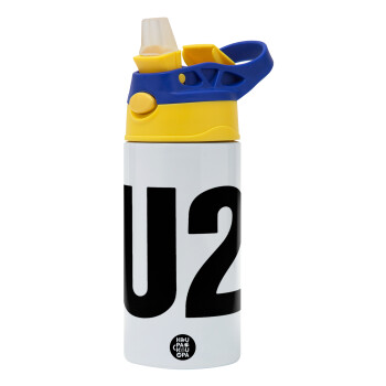 U2 , Children's hot water bottle, stainless steel, with safety straw, green, blue (360ml) BPA FREE