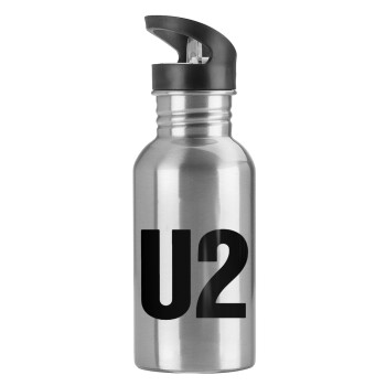 U2 , Water bottle Silver with straw, stainless steel 600ml